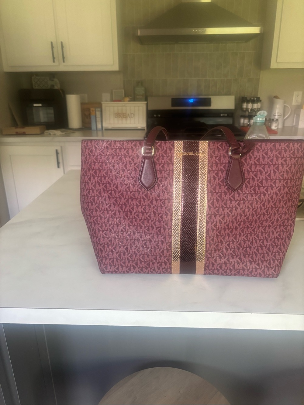 Michael Kors Rose Pink Logo Tote with Gold Center Stripe